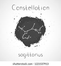 Vector illustration with Zodiac constellation SAGITTARIUS on a grunge ink background. Monochrome.