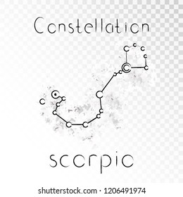 Vector illustration with Zodiac constellation SCORPIO on a grunge ink background. Monochrome.