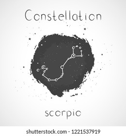 Vector illustration with Zodiac constellation SCORPIO on a grunge ink background. Monochrome.