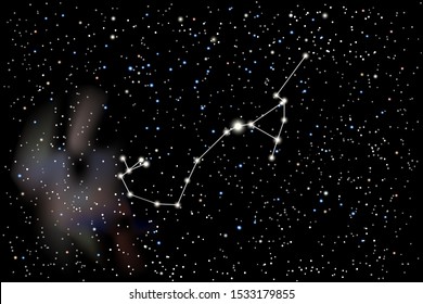 Vector illustration of the zodiac constellation Scorpius (Scorpion) on a starry black sky background. Astronomical cluster of stars in space near the Milky Way