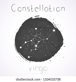 Vector illustration with Zodiac constellation VIRGO on a grunge ink background. Monochrome.