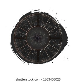 Vector illustration of Zodiac constellations, Horoscope circle and sign Sun on a grunge ink background. Image in gold and black color.