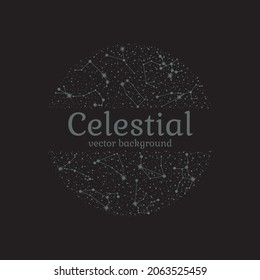 Vector illustration of zodiac constellations in sphere with a copy space. Isolated pattern of star systems, arranged in a circle with place for text on a black background. Round astronomical element