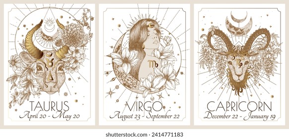 Vektorgrafik von Zodiac in Blumen Schildern Karte. Erdzeichen: Taurus, Virgo und Capricorn. Gold auf weißem Hintergrund im Gravierungsstil