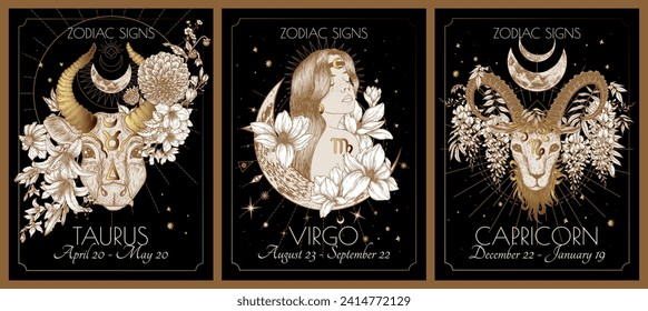 Ilustración vectorial del zodiaco en la tarjeta de signos de flores. Señales de la Tierra: Tauro, Virgo y Capricornio. Oro sobre fondo negro en estilo de grabado