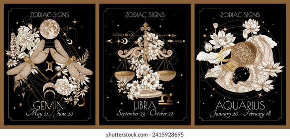 Ilustración vectorial del zodiaco en la tarjeta de signos de flores. Señales de aire: Gemini, Libra y Aquarius. Oro sobre fondo negro en estilo de grabado