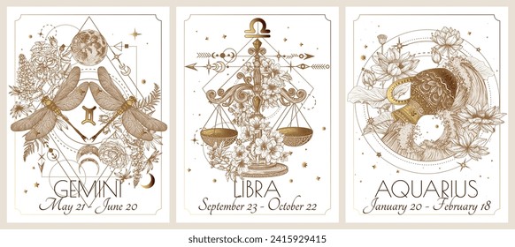 Ilustración vectorial del zodiaco en la tarjeta de signos de flores. Señales de aire: Gemini, Libra y Aquarius. Oro sobre fondo blanco en estilo de grabado