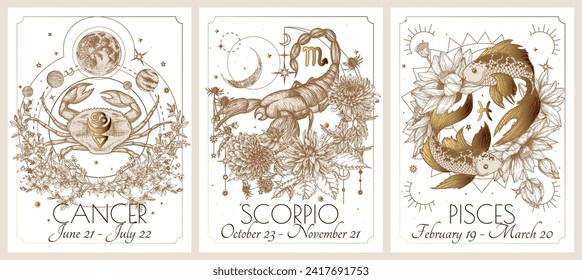 Vector illustration of zodiac in flowers signs card. Water signs: Cancer, Scorpio and Pisces. Gold on a white background in engraving style