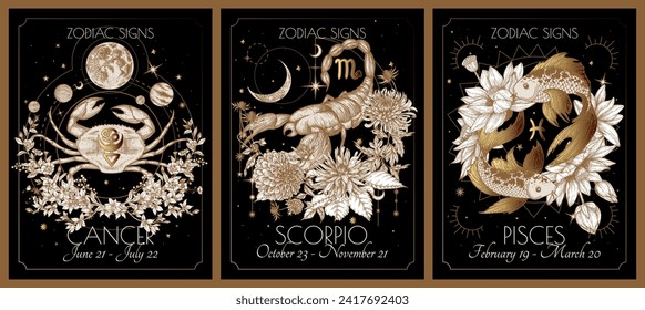 Vector illustration of zodiac in flowers signs card. Water signs: Cancer, Scorpio and Pisces. Gold on a black background in engraving style