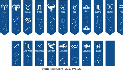 Ilustração vetorial do ícone do zodíaco definido com símbolos de constelação, banners verticais azuis, tema de astrologia e elemento de design celeste