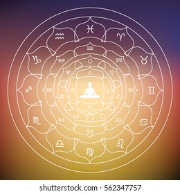 vector illustration of  zodiac and planets symbols in round shape design with yoga lotus posture meditating person in the middle