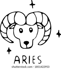 Vector illustration of the zodiac sign Aries in the power of Doodle, black outline on an isolated white background. The concept of astrology, mysticism, divination, horoscopes. Can be used for books