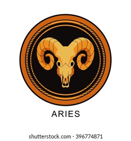 vector illustration zodiac sign of Aries in the round frame on a black background isolated
