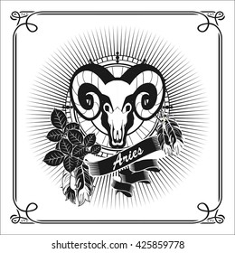 vector illustration zodiac sign Aries emblem vintage frame with feathers black and white