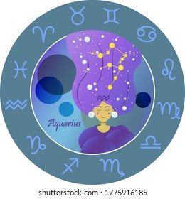 Vector illustration of the zodiac sign by horoscope. A girl with long hair of the starry sky and the constellations of Aries, Taurus, Gemini, cancer, Leo, Virgo, Libra, Scorpio, Sagittarius, Capricorn