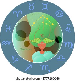 Vector illustration of the zodiac sign by horoscope. A girl with long hair of the starry sky and the constellations of Aries, Taurus, Gemini, cancer, Leo, Virgo, Libra, Scorpio, Sagittarius, Capricorn