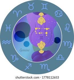 Vector illustration of the zodiac sign by horoscope. A girl with long hair of the starry sky and the constellations of Aries, Taurus, Gemini, cancer, Leo, Virgo, Libra, Scorpio, Sagittarius, Capricorn