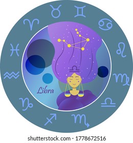 Vector illustration of the zodiac sign by horoscope. A girl with long hair of the starry sky and the constellations of Aries, Taurus, Gemini, cancer, Leo, Virgo, Libra, Scorpio, Sagittarius, Capricorn