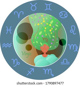 Vector illustration of the zodiac sign by horoscope. A girl with long hair of the starry sky and the constellations of Aries, Taurus, Gemini, cancer, Leo, Virgo, Libra, Scorpio, Sagittarius, Capricorn