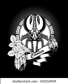 vector illustration zodiac sign Cancer emblem vintage frame with feathers black and white