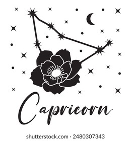 Vector illustration of zodiac sign capricorn with flower, crescent moon and stars