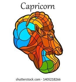 Vector illustration of zodiac sign. Colorful stained glass. Mosaic. Isolated on white background. Black outline. Capricorn. Goat.