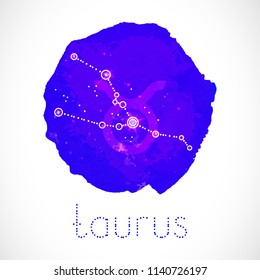 Vector illustration with Zodiac sign and constellation TAURUS on a grunge ink background. Colorful.