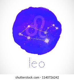 Vector illustration with Zodiac sign and constellation LEO on a grunge ink background. Colorful.
