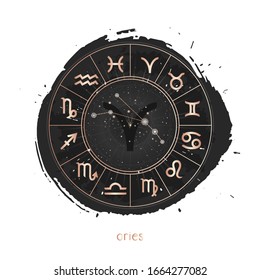 Vector illustration of Zodiac sign and constellation Aries with Horoscope circle on a grunge ink background. Image in gold and black color.