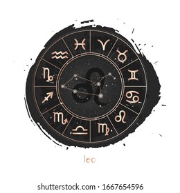 Vector illustration of Zodiac sign and constellation Leo with Horoscope circle on a grunge ink background. Image in gold and black color.