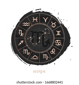 Vector illustration of Zodiac sign and constellation Scorpio with Horoscope circle on a grunge ink background. Image in gold and black color.
