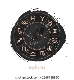 Vector illustration of Zodiac sign and constellation Sagittarius with Horoscope circle on a grunge ink background. Image in gold and black color.