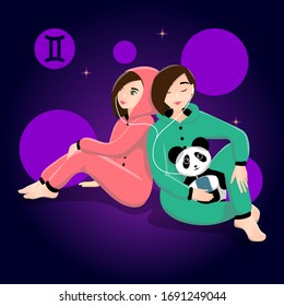 Vector illustration. Zodiac sign Gemini. Kigurumi pajamas.