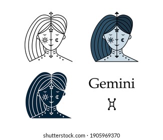 Vector illustration of a zodiac sign Gemini. Line art, simple style. Astrology.