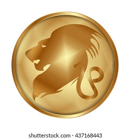 Vector illustration of zodiac sign Leo on a gold disk in the form of a medallion. Isolated object can be used with any image or text.