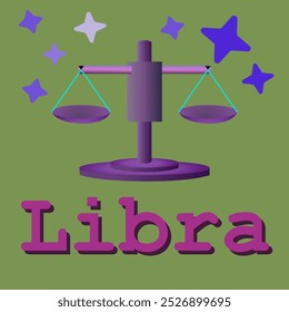 Vector illustration of the zodiac sign of Libra. Zodiac signs, vector illustration. Inscription: Libra. Illustration in blue on a green background. Horoscope, zodiac sign, Libra.