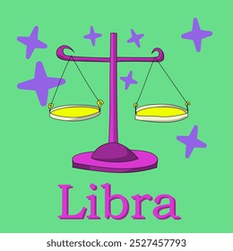 Vector illustration of the zodiac sign of Libra. Zodiac signs, vector illustration. Inscription: Libra. Illustration in blue on a green background. Horoscope, zodiac sign, Libra.