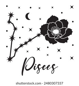 Vector illustration of zodiac sign pisces with flower, crescent moon and stars