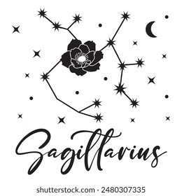 Vector illustration of zodiac sign sagittarius with flower, crescent moon and stars