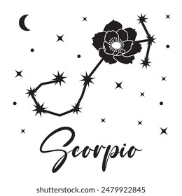 Vector illustration of zodiac sign scorpio with flower, crescent moon and stars