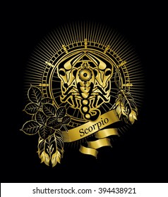 vector illustration zodiac sign Scorpio emblem vintage frame with feathers on a black background gold