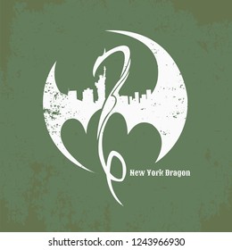 vector illustration, zodiac sign, sports emblem, silhouette of nyc on dragon