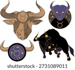 Vector illustration of the zodiac sign Taurus. Cartoon symbols of the zodiac sign Taurus: head and horns of a bull, dark silhouette of the constellation Taurus, stars, isolated on white background.