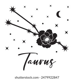 Vector illustration of zodiac sign taurus with flower, crescent moon and stars