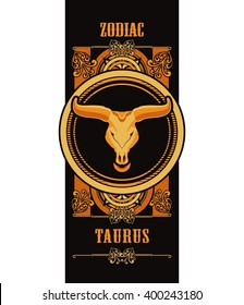 vector illustration zodiac sign Taurus emblem vintage frame with feathers on a vertical frame with gothic ornament