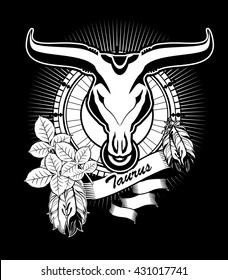 vector illustration zodiac sign Taurus emblem vintage frame with feathers black and white