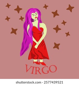 Vector illustration of the zodiac sign virgo. Portrait of a woman, a virgin, a woman in a red dress with long hair. Zodiac sign, horoscope, sign.