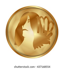 Vector illustration of zodiac sign Virgo on a gold disk in the form of a medallion. Isolated object can be used with any image or text.