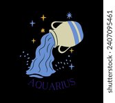 Vector illustration of zodiac signs. Aquarius sign. Latin title below illustration: "Aquarius." Colorful, zodiac sign, aquarius, astrology. horoscope, character, sign, jug, water.