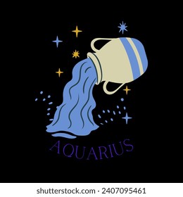 Vector illustration of zodiac signs. Aquarius sign. Latin title below illustration: 